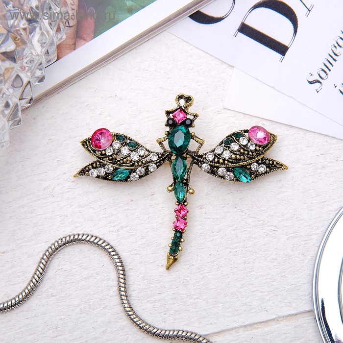 Брошь «Стрекоза инкрустированная», цветная в черненом золоте - Фото 1