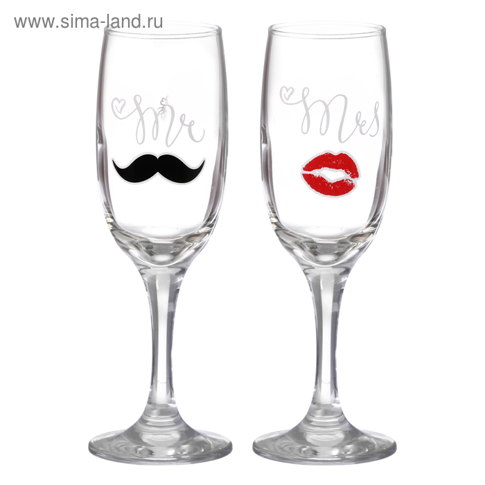 Набор бокалов для шампанского "Mr.&Mrs" 2 штуки, тип нанесения рисунка: деколь - Фото 1