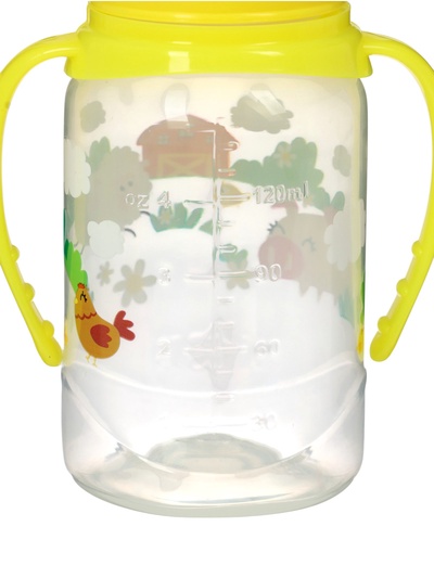 Бутылочка для кормления M&B «Весёлая ферма», классическое горло, с ручками, от 0 мес., 150 мл., жёлтый