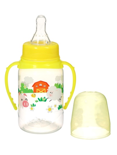 Бутылочка для кормления M&B «Весёлая ферма», классическое горло, с ручками, от 0 мес., 150 мл., жёлтый