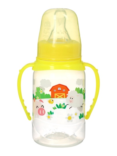 Бутылочка для кормления M&B «Весёлая ферма», классическое горло, с ручками, от 0 мес., 150 мл., жёлтый