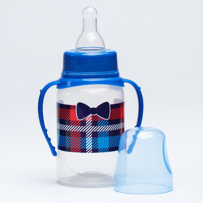 Бутылочка для кормления «Маленький босс»,классическое горло, с ручками, 150 мл., от 0 мес., цвет синий - фото 1896665257
