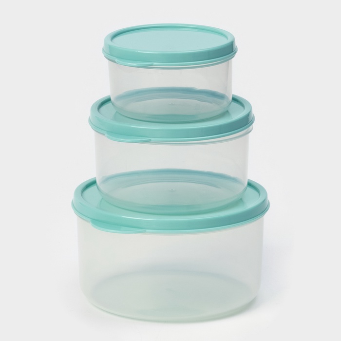 Набор контейнеров пищевых круглых Доляна, 3 шт.: 150 мл, 300 мл, 500 мл, прозрачные, крышка бирюзовая - Фото 1