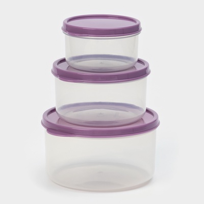 Набор контейнеров пищевых круглых Доляна, 3 шт: 150 мл, 300 мл, 500 мл, прозрачные, крышка фиолетовая