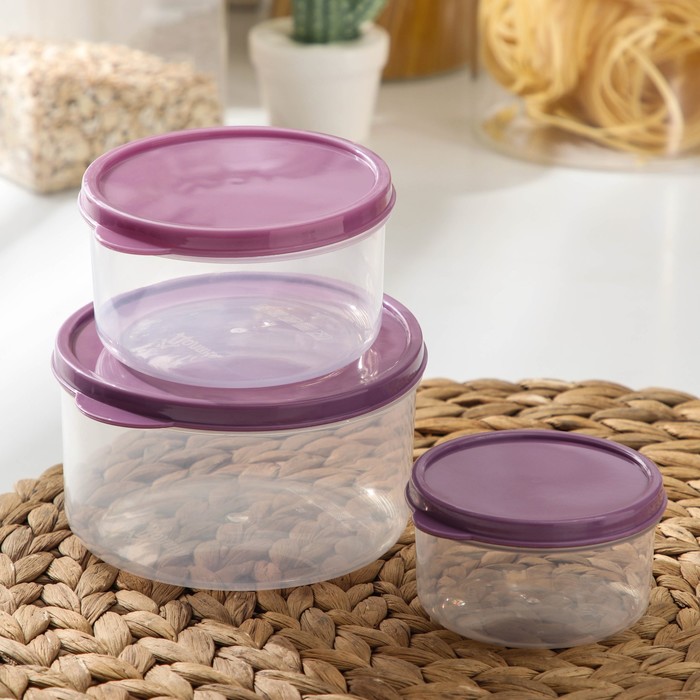 Набор контейнеров пищевых круглых Доляна, 3 шт: 150 мл, 300 мл, 500 мл, цвет фиолетовый - Фото 1