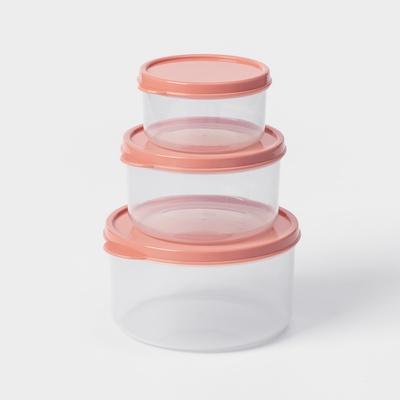 Набор контейнеров пищевых круглых Доляна, 3 шт: 150 мл, 300 мл, 500 мл, прозрачные, крышка коралловая