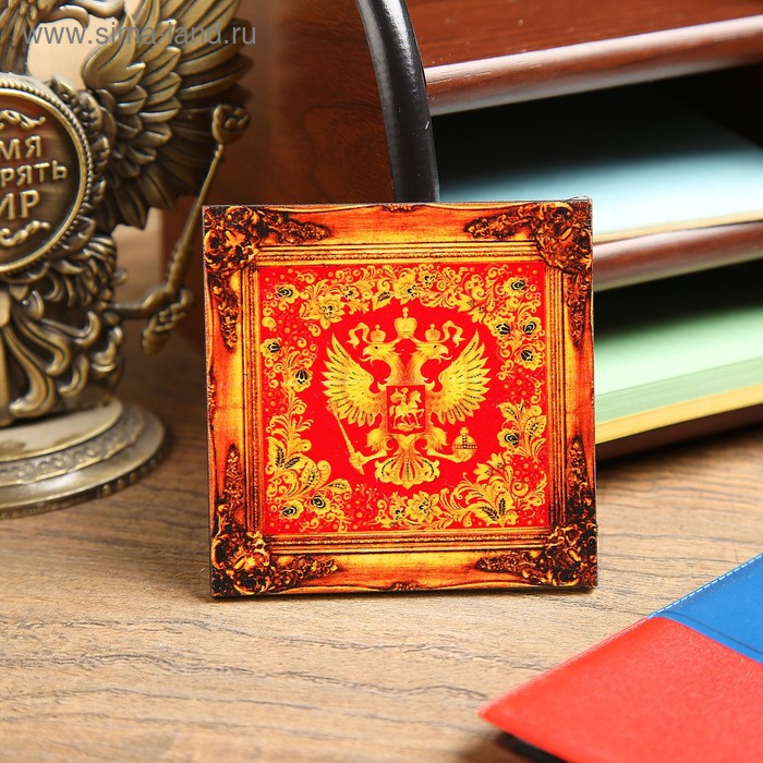 Магнит - картина «Герб России с хохломской росписью», красный фон, 6,8×6,8 см - Фото 1
