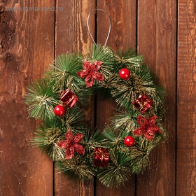 Венок новогодний d=20 см «Зимнее волшебство», зелёный с красными цветами