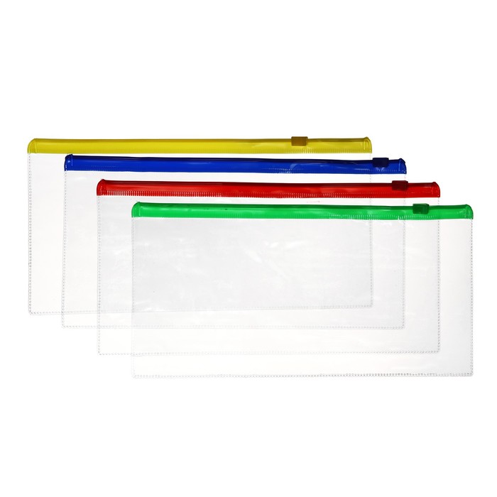 Набор папка-конверт на молнии, формат А6, 100мкр, 4 штуки, 4 цвета, прозрачная 12,2 х 24 см - Фото 1