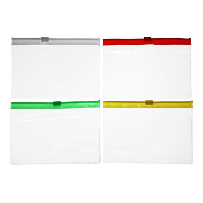 Набор папка-конверт на молнии, формат А7+, 200мкр, 4 штуки,4 цвета, прозрачная, 8,5 х 13 см
