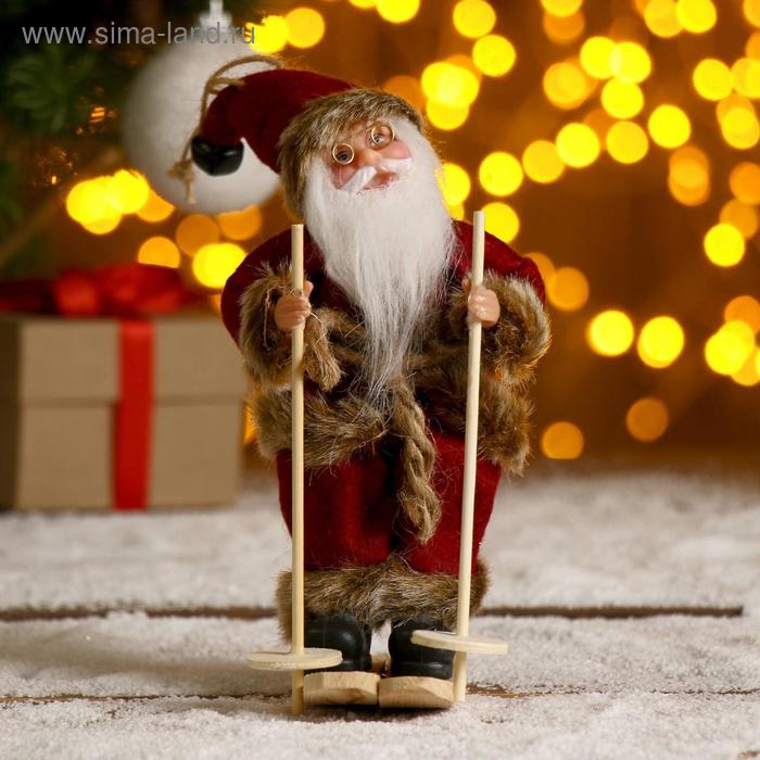 Дед Мороз "На лыжах" в бордовом костюме, 17 см - Фото 1