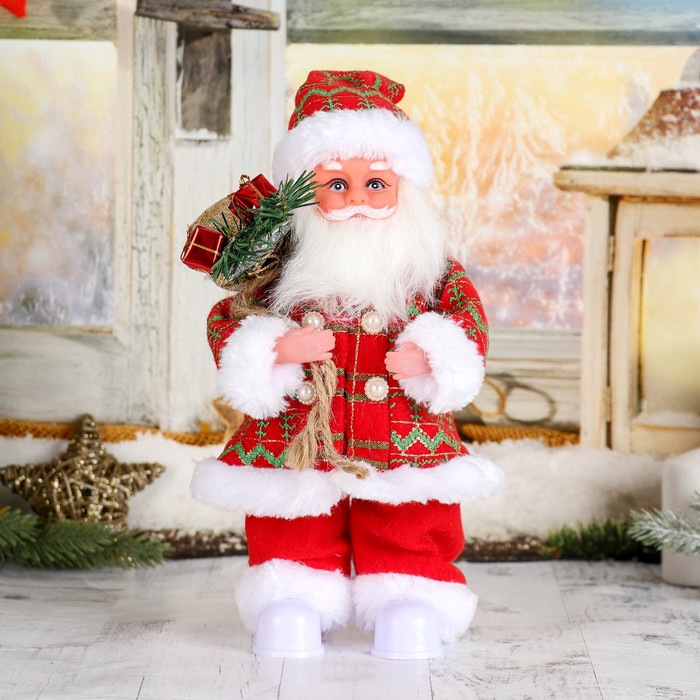 Дед Мороз &quot;Клетчатый колпак с подарками&quot; двигается, с подсветкой, 28 см