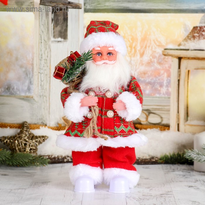 Дед Мороз Клетчатый колпак с подарками двигается, с подсветкой, 28 см