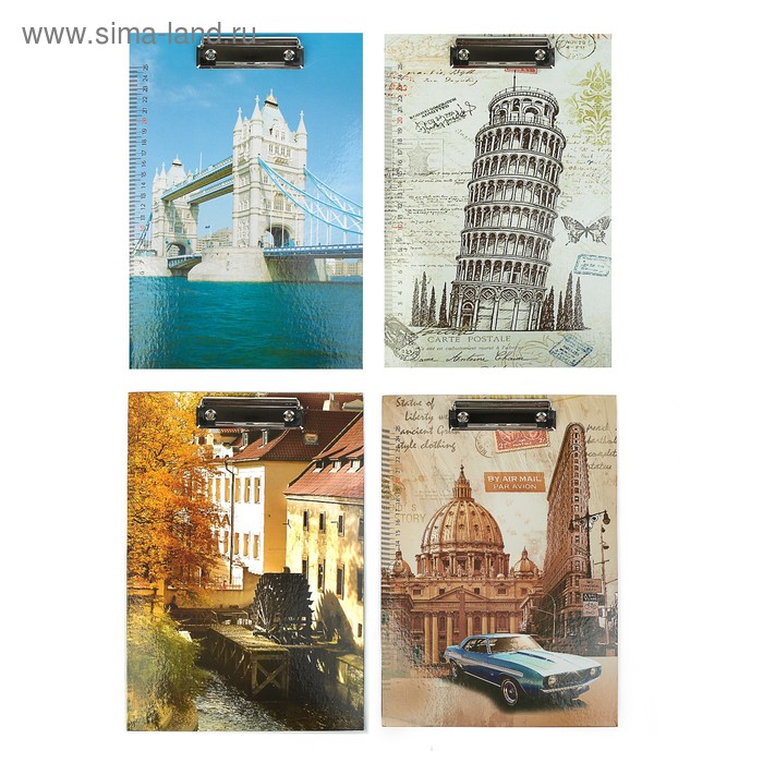 Планшет с прижимом, формат А4 картон, «Города», линейка, МИКС - Фото 1