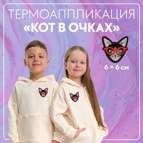 Термоаппликация «Кот в очках», 6 × 6 см, цвет чёрный