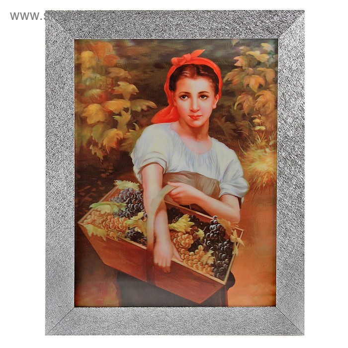 картина объемная 30*40 см рама серебро девушка с виноградом - Фото 1