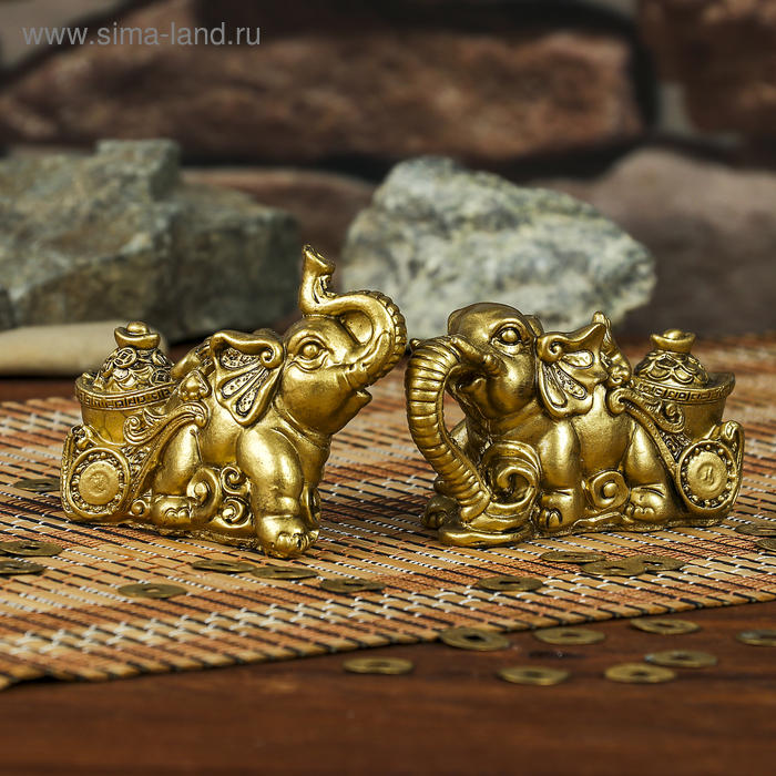 Нэцкэ полистоун бронза "Слоны с тележкой золота" набор 2 шт 5,4х9,4х3,5 см - Фото 1