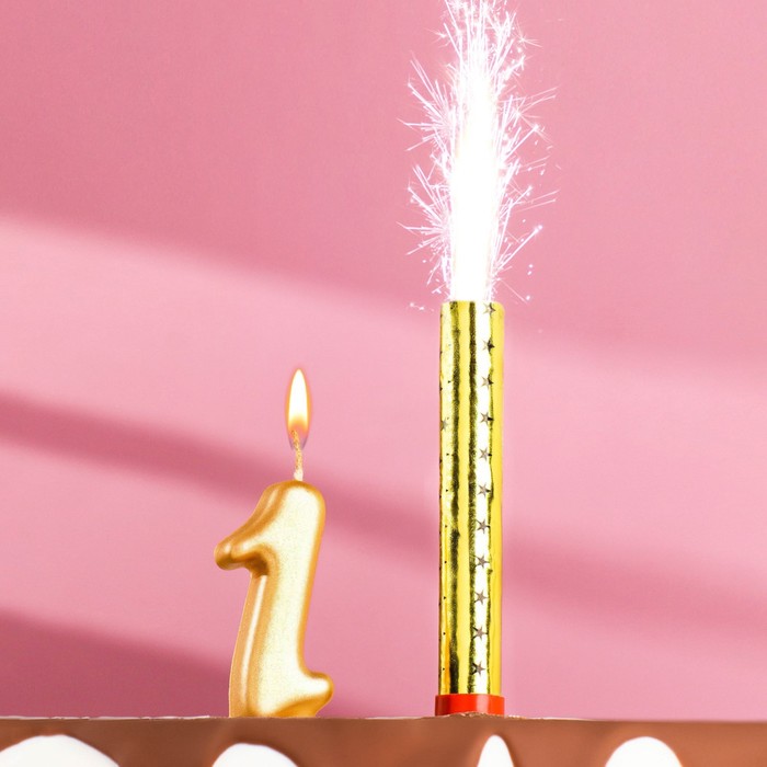 Свеча для торта цифра 1, «Овал + фонтан» золотая - Фото 1