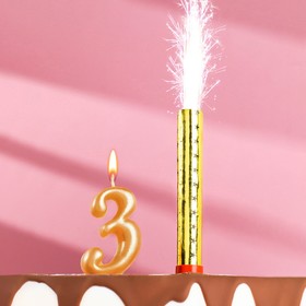 Свеча для торта цифра  "3", "Овал + фонтан" золотая