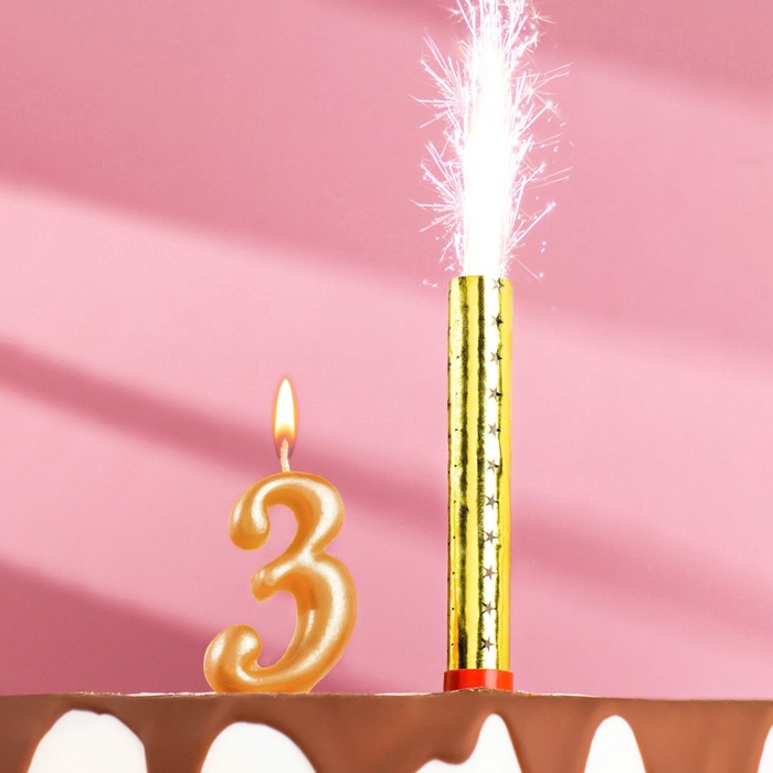 Свеча для торта цифра "Овал + фонтан" золотая "3" - Фото 1