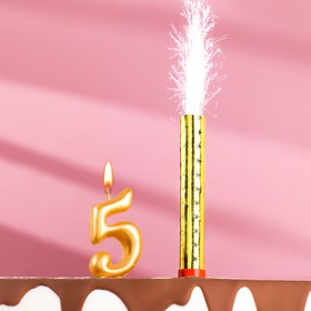 Свеча для торта цифра 'Овал + фонтан' золотая '5' Ош
