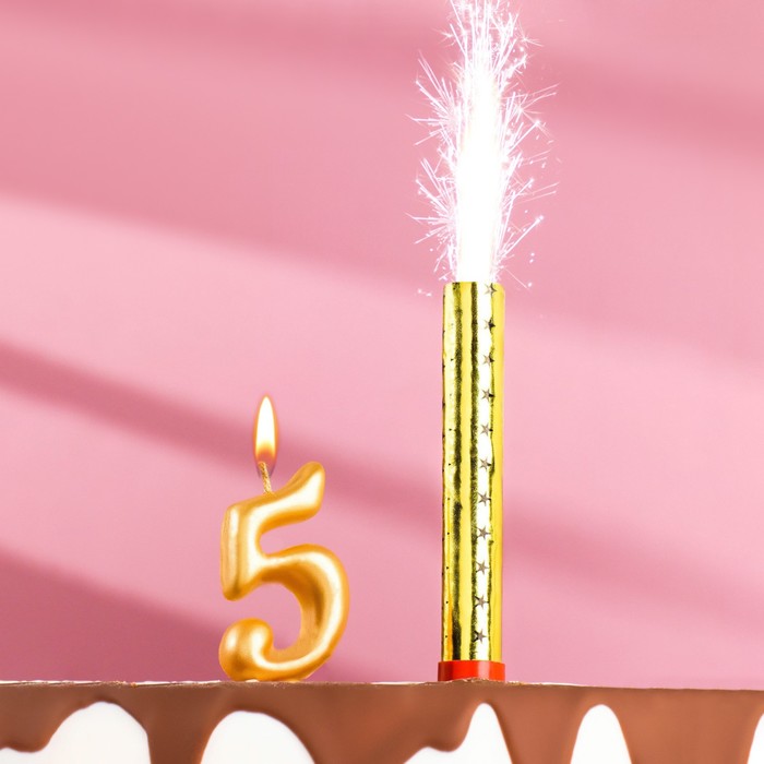 Свеча для торта цифра "Овал + фонтан" золотая "5" - Фото 1