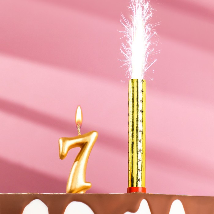 Свеча для торта цифра "Овал + фонтан" золотая "7" - Фото 1