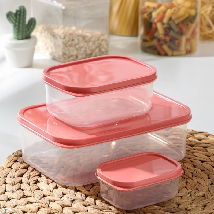 Набор контейнеров пищевых прямоугольных Доляна, 3 шт: 150 мл, 500 мл, 1,2 л, цвет коралловый - Фото 1