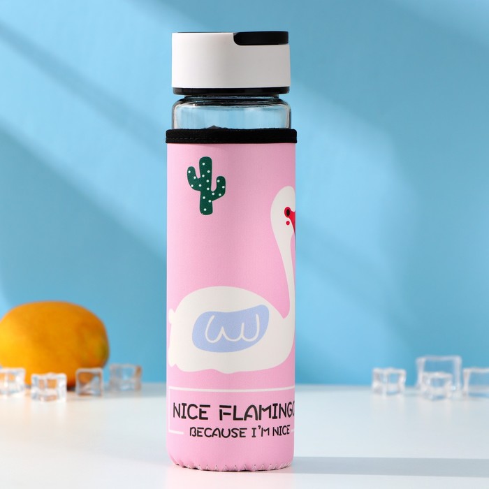 Бутылка для воды стеклянная с ручкой в чехле «Фламинго», 500 мл, h=23,5 см, рисунок МИКС - Фото 1
