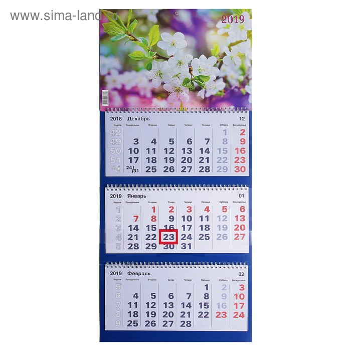 Календарь квартальный, трио "Цветы - 8" 2019 год, 31х69см - Фото 1
