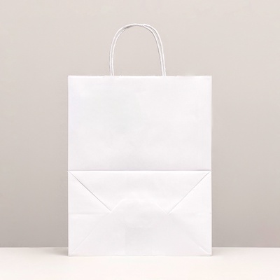 Пакет крафт без печати, белый, круглая ручка 24×14×28 см
