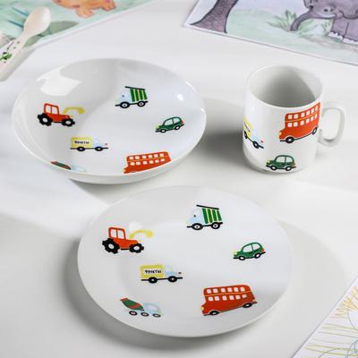 Набор посуды «Машинки», 3 предмета: кружка 300 мл, тарелка d=20 см, тарелка глубокая 550 мл