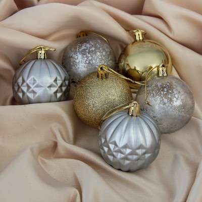 Ёлочные игрушки, шары новогодние , пластик, набор d-6 см, 6 шт "Призма" серебристо-золотой