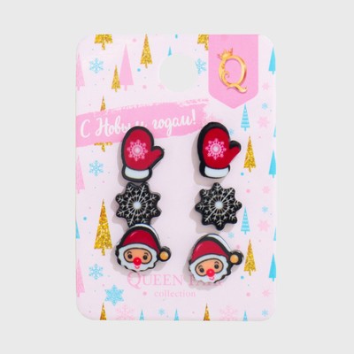 Серьги пусеты QF «Новогодние», 3 пары, снежинка и Дед Мороз, варежка, цветные