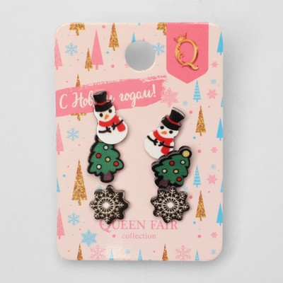 Серьги пусеты QF «Новогодние», 3 пары, снеговик, снежинка, цветные