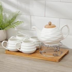 Набор керамический чайный «Эстет», 5 предметов: чайник 1 л, 4 кружки 150 мл, на деревянной подставке