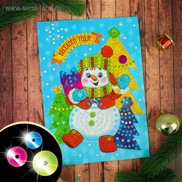 Аппликация пайетками "Снеговик" с клеевым слоем + 6 цветов пайеток