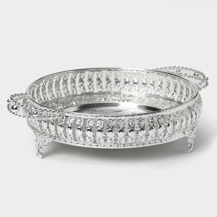 Поднос сервировочный «Солон», 34×24.5×9 см, с ручками, металл, серебристый - Фото 1