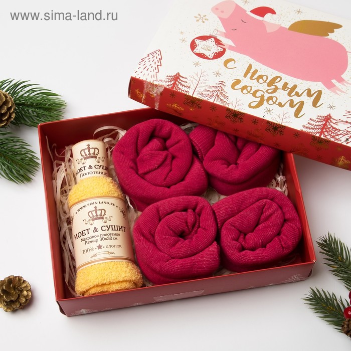 Набор женский KAFTAN "С Новым годом" полотенце 30 х 30 см и носки 4 пары - Фото 1