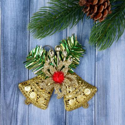 Ёлочная игрушка «Зимнее волшебство. Колокольчик двойной с цветком» пластик, 10×9 см, золото