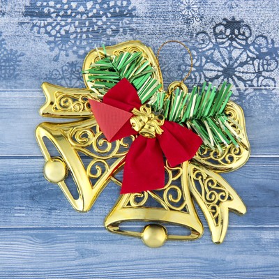 Ёлочная игрушка «Зимнее волшебство. Колокольчик двойной с бантиками» пластик, 12.3×9.5 см, золото