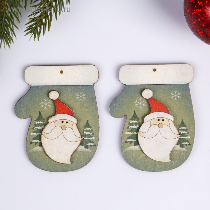Набор декора для творчества дерево "Дедушка Мороз на варежке" набор 2 шт 7,5х6,2 см - Фото 1