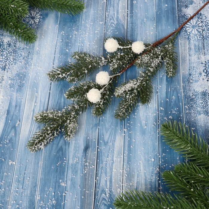 Декор "Зимние мечты" веточка с белыми шариками, 50 см - фото 8709299
