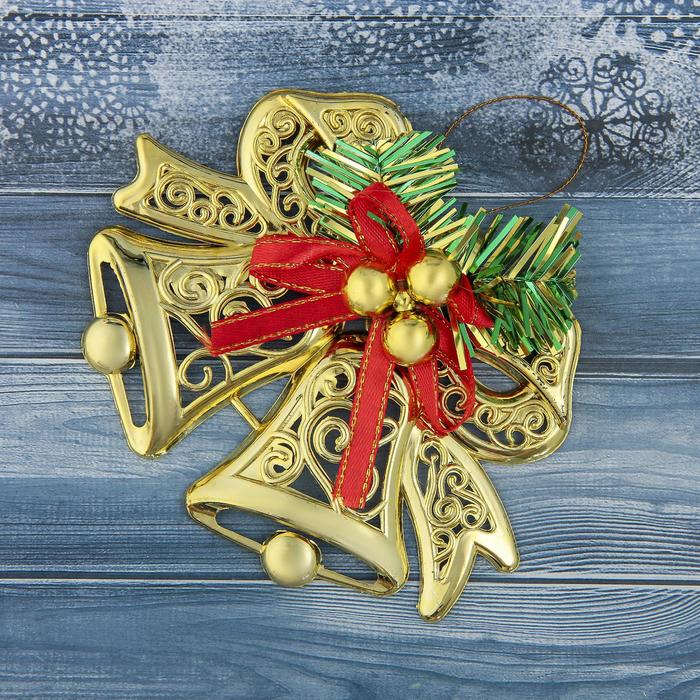 Ёлочная игрушка «Зимнее волшебство. Колокольчик двойной с шариками и лентой» пластик, 12.3×9.5 см, МИКС - Фото 1