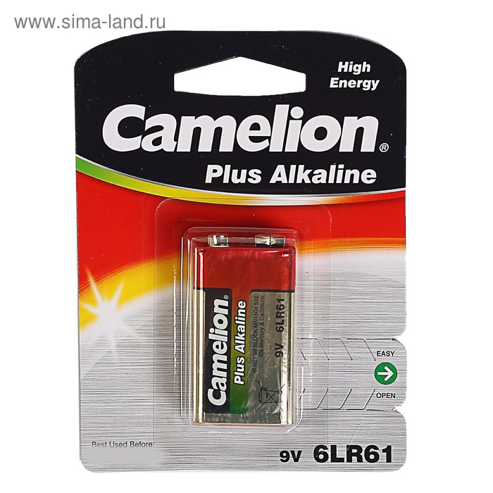 Батарейка алкалиновая Camelion Plus Alkaline, 6LR61 (MN1604)-1BL, 9В, крона, блистер, 1 шт. - Фото 1