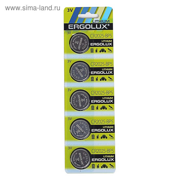Батарейка литиевая Ergolux, CR2025-5BL (CR2025-BP5), 3В, блистер, 5 шт. - Фото 1