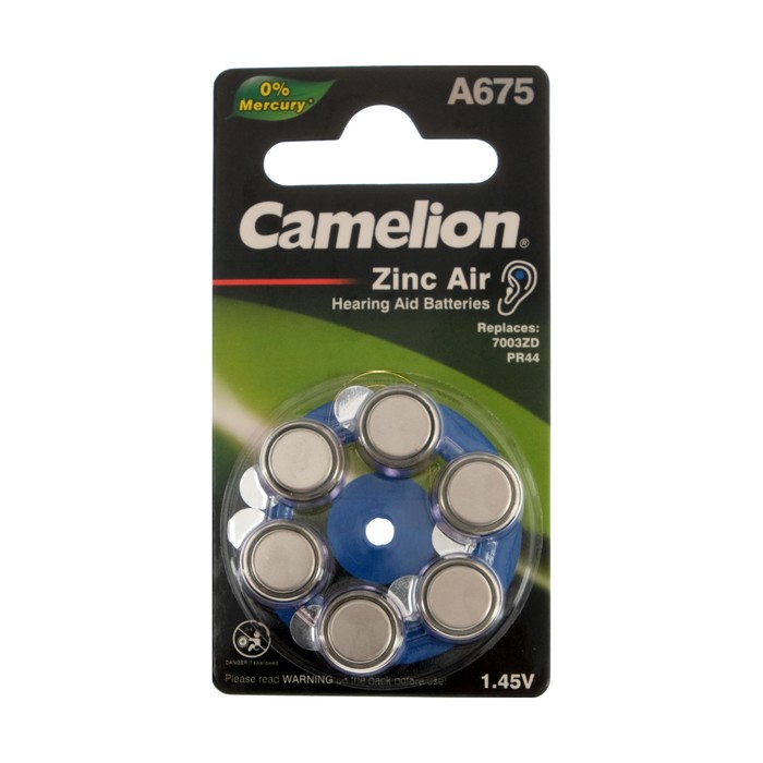 Батарейка цинковая Camelion, A675 (PR44)-6BL, для слуховых аппаратов, 1.45В, блистер, 6 шт. - фото 51318070