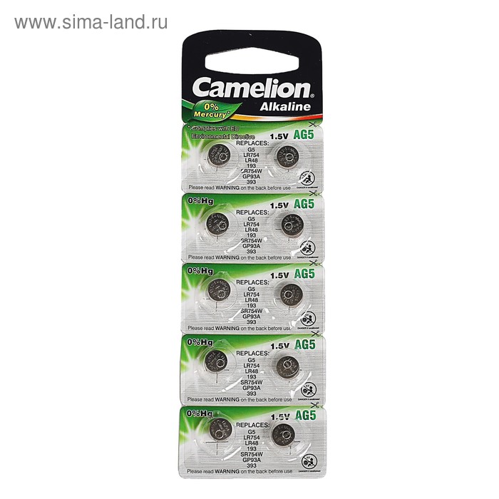 Батарейка алкалиновая Camelion Mercury Free, AG5 (393, LR754)-10BL, 1.5В, блистер, 10 шт. - Фото 1