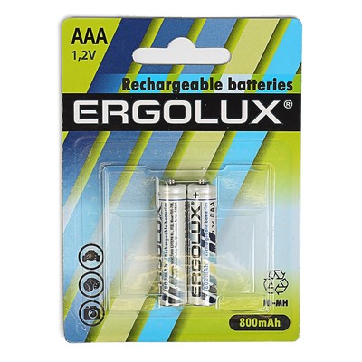 Аккумулятор Ergolux, Ni-Mh, AAA, HR03-2BL (NH-AAA800BP2), 1.2В, 800 мАч, блистер, 2 шт.