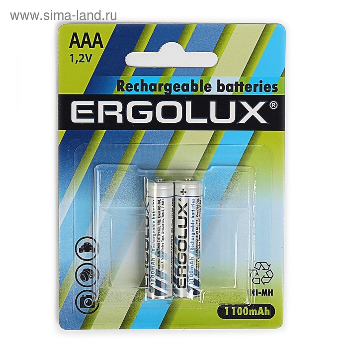 Аккумулятор Ergolux, AAA, Ni-Mh, HR03-2BL (NH-AAA1100BP2), 1.2В, 1100 мАч, блистер, 2 шт. - Фото 1